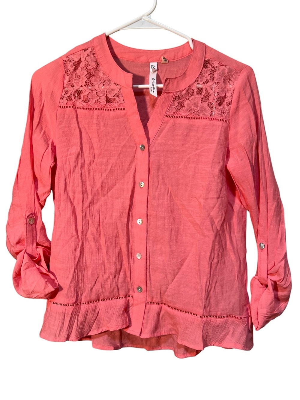 NY Collection Women's Size Petite XS Button Down Blouse Light Pink Lace Roll Tab